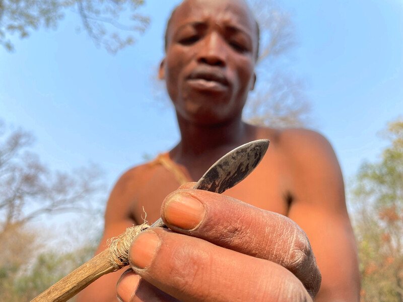 Khwe San Nxkuroo, full name and location withheld, demonstrates his traditionat arrow making skills and others, such as using snares made from acacia bark and other traditional hunting methods that involve living sustainably off the land.