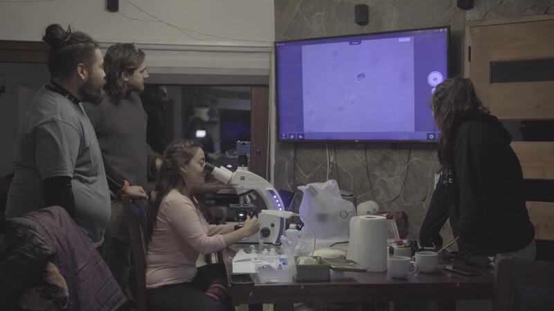 A laboratory was set up in the cabin to examine the potential candidates discovered during the expedition. Photo by Catalina Infante.