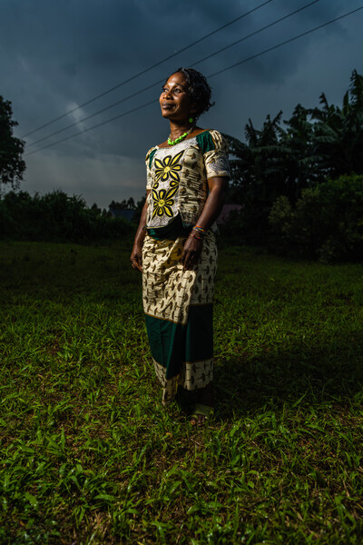 Jeannette Sendegeya outside Rumangabo Sewing Workshop. 