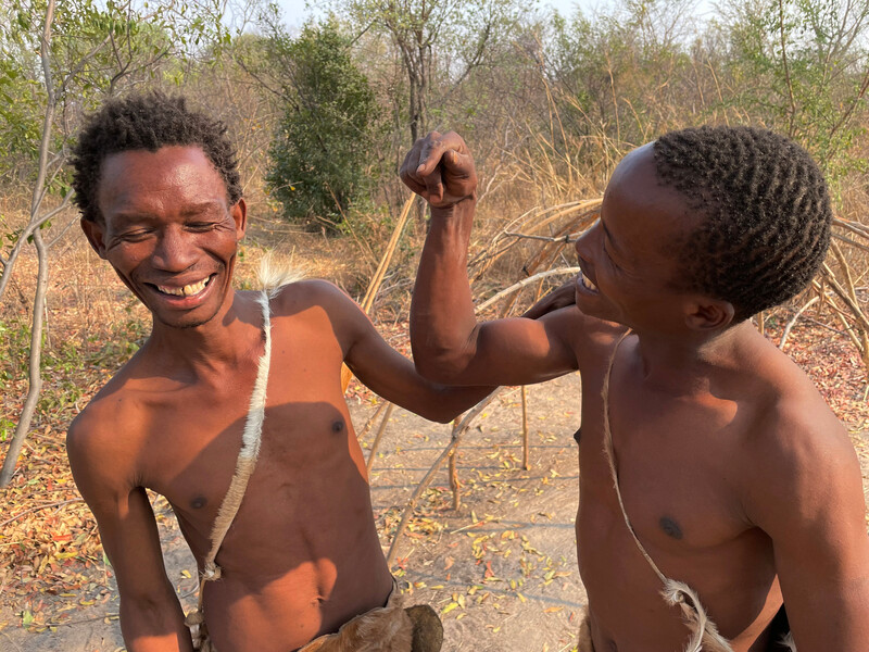Khwe San, Xaara and Nxkuroo, full names and location withheld, demonstrate their traditions such as using snares made from acacia bark and other traditional hunting methods that involve living sustainably off the land.